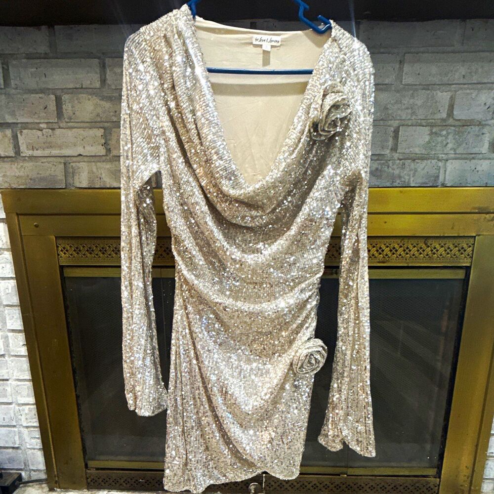 Women’s For Love & Lemons Silver Sequin Cowl Neck Long Sleeve Mini Dress M